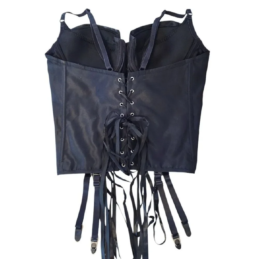 VTG Black Satin Shirley‎ Of Hollywood Lace Up Corset with Garters 38B-D